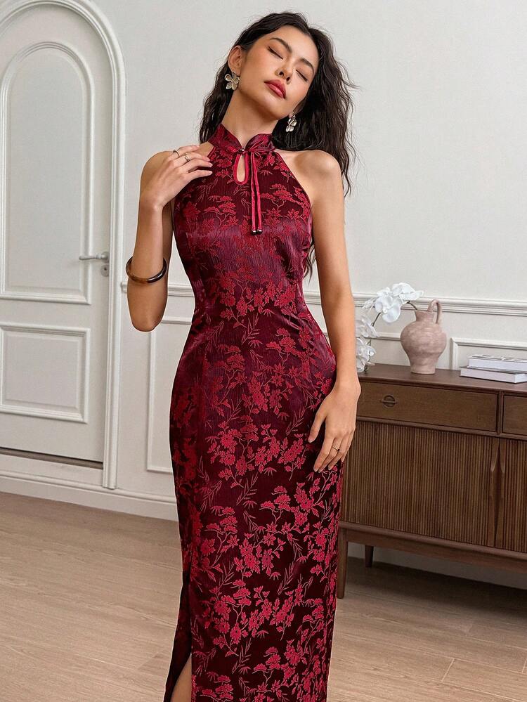 EastFlair Women's Elegant Jacquard Halter Midi Dress, Dress For Wedding Guest   , Wedding Guest Dress Elegant  Wedding Guest Dress Women   Fall Clothes For Women  Christmas Women's Clothing Halter Neck Dress Cheongsam Dress Chinese Style Dress Party Dress  Red Dress,B2/Summer - Red - View 1