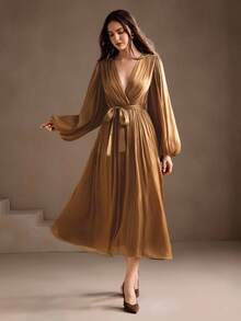 Anewsta Đầm Maxi Chiffon Tay Dài Cổ Chữ V Màu Trơn Thanh Lịch Cho Nữ - màu nâu - Xem 6