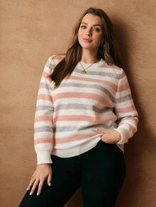 EMERY ROSE Plus Size Casual Colorblock Striped Pullover Sweater, Autumn/Winter Jumpers For Women Plus Size Plus Size Sweater For Women Plus Size Striped Sweater, Autumn/Winter,2025 New