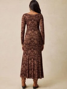 Boho Mama 孕妇休闲西部牛仔印花V领连衣裙 - 卡其色 - 查看 2