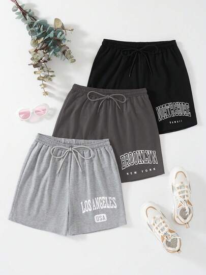 GlowEve 3件套女士休闲印花抽绳短裤