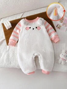 SHEIN Vintaside Kids 女婴可爱小狗刺绣粉色条纹长袖白色柔软绒毛连体衣，秋冬款 - 彩色 - 查看 6