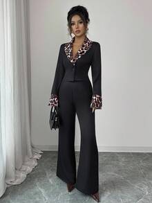 Elenzga Bộ 2 món áo khoác họa tiết da báo thanh lịch, lãng mạn, đi nghỉ và công sở dành cho nữ - màu đen - Xem 5