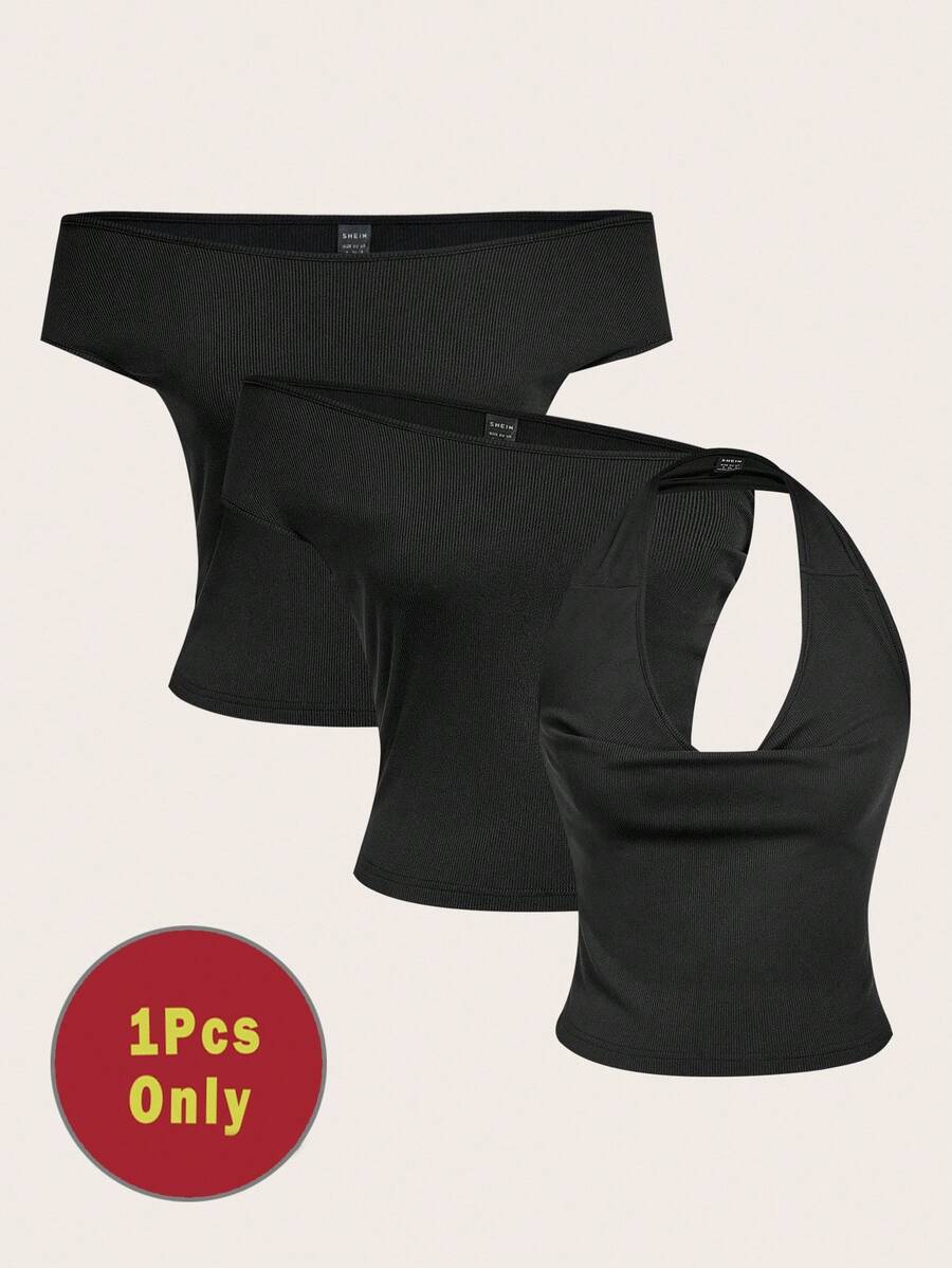 SHEIN EZwear 3-In-1 Women Casual Sexy Bodycon Top Set, Versatile For Daily Wear,Black Tops