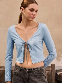 lacRébo Silver Metallic Lurex Long Sleeve Tie Front Party Top Fall Women Autumn Spring Summer - Baby Blue - View 5