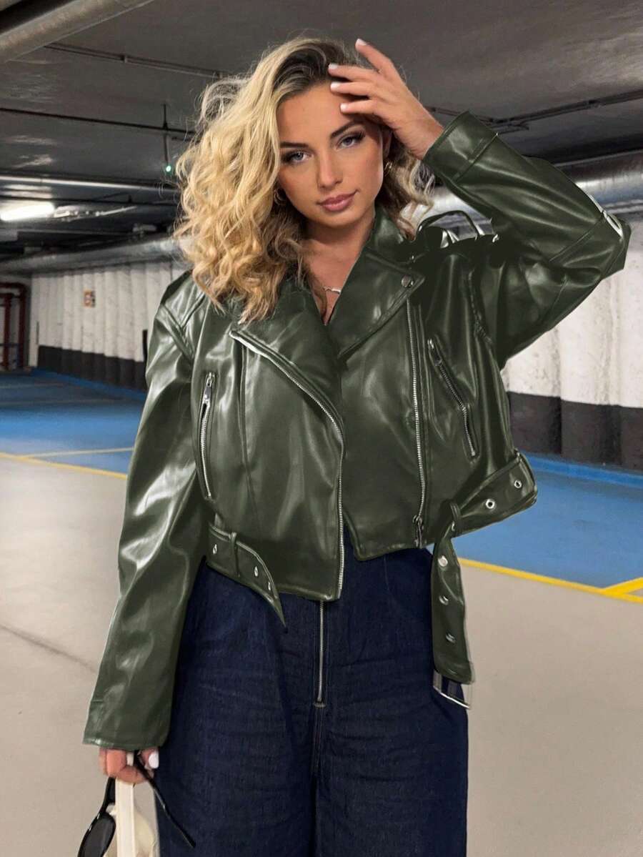 Jeta Ari Women's Fashion Zip-Up Stand Collar Motorcycle Jacket, Autumn - Army Green - View 1