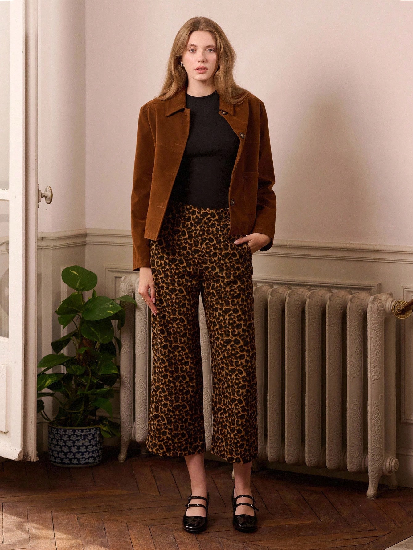 Jaqueta de Camurça Camel com Bolsos Frontais Embutidos, Roupas Femininas de Outono e Inverno