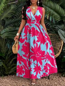 SOLERSUN Women's Plus Size Simple Everyday All Over Print Deep-V Neck Sleeveless Long Dress (Random Printing) - Hot Pink - View 3