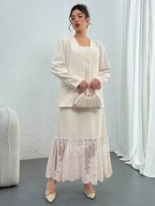 DAZY Women's Elegant Commuter Solid Color Jacket & Lace Patchwork Skirt Suit Business Attire Western Outfits For Women - White - View 2
