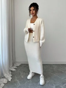 Elenzga 女士优雅 V 领开衫上衣和紧身裙 2 件套毛衣套装 - 杏色 - 查看 5