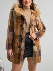 SHEIN LUNE 大码女式格子仿毛皮连帽休闲冬季工作秋季商务休闲外套，适合女性教师秋季办公室穿着，日常穿着，假日优雅，办公室女神风格复古连帽外套复古格子外套保暖外套时尚外套感恩节外套假日外套秋冬季 - 駝色 - 查看 9