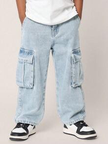 SUMWON Boys Casual Cargo Denim Jeans Retro Wide Leg Pants Utility Work Wear Streetwear Relaxed Fit With Side Pockets Fall Winter Fashion Youth Wear