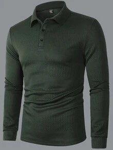 Manfinity Homme 男士休闲纯色长袖 Polo 衫，百搭秋冬 - 軍綠色 - 查看 6