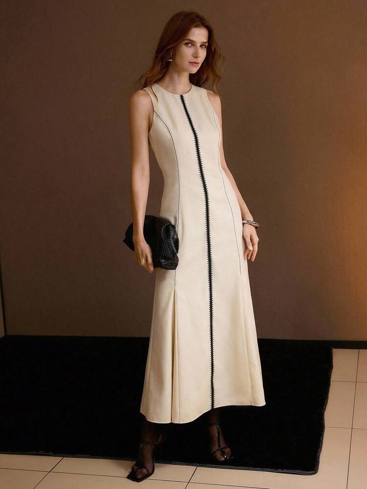 CONTRAST TRIM FOLD PLEATED DRESS