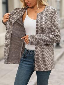 SHEIN LUNE 女士全印花长袖开襟休闲外套，秋冬万圣节服装 - 卡其色 - 查看 7