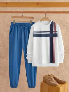 Manfinity NXTstreet 2 件套男士休闲商务西装、针织圆领运动衫和裤子，春秋季，适合秋冬 - 彩色 - 查看 1