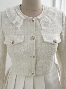 Flirla Plus Size Ruffled Tweed Short Jacket Winter Fall Autumn - White - View 6