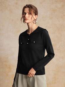 House of One Sailor Collar Button-Up Long Sleeves Black Sweater Top Women Autumn Winter Elegant Casual Wear