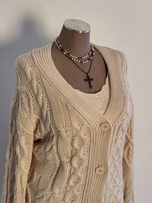 Sunspun Plus Size Women Casual Comfortable Drawstring Chunky Knit Cardigan With Front Button, Suitable For Spring, Autumn And Winter, Back To School Season Fall - Apricot - View 5