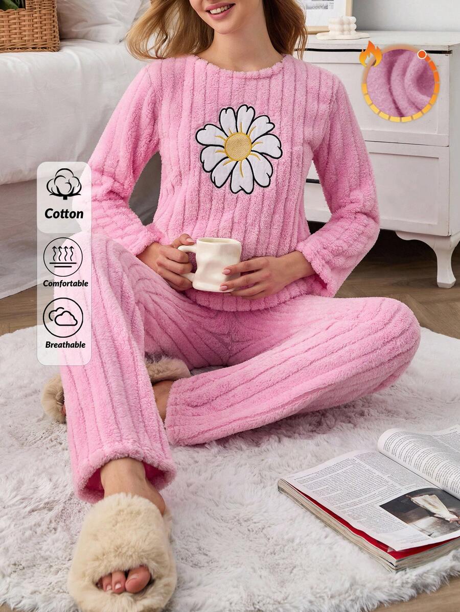 EURMUSE Ensemble de pyjama moelleux à la marguerite - Vêtements de détente côtelés en rose poudré - Rose bonbon - Voir 1