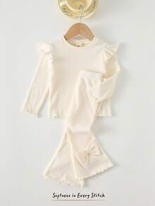 Cozy Pixies 2 件套女婴纯色针织柔软圆领荷叶边长袖上衣和松紧腰喇叭裤套装