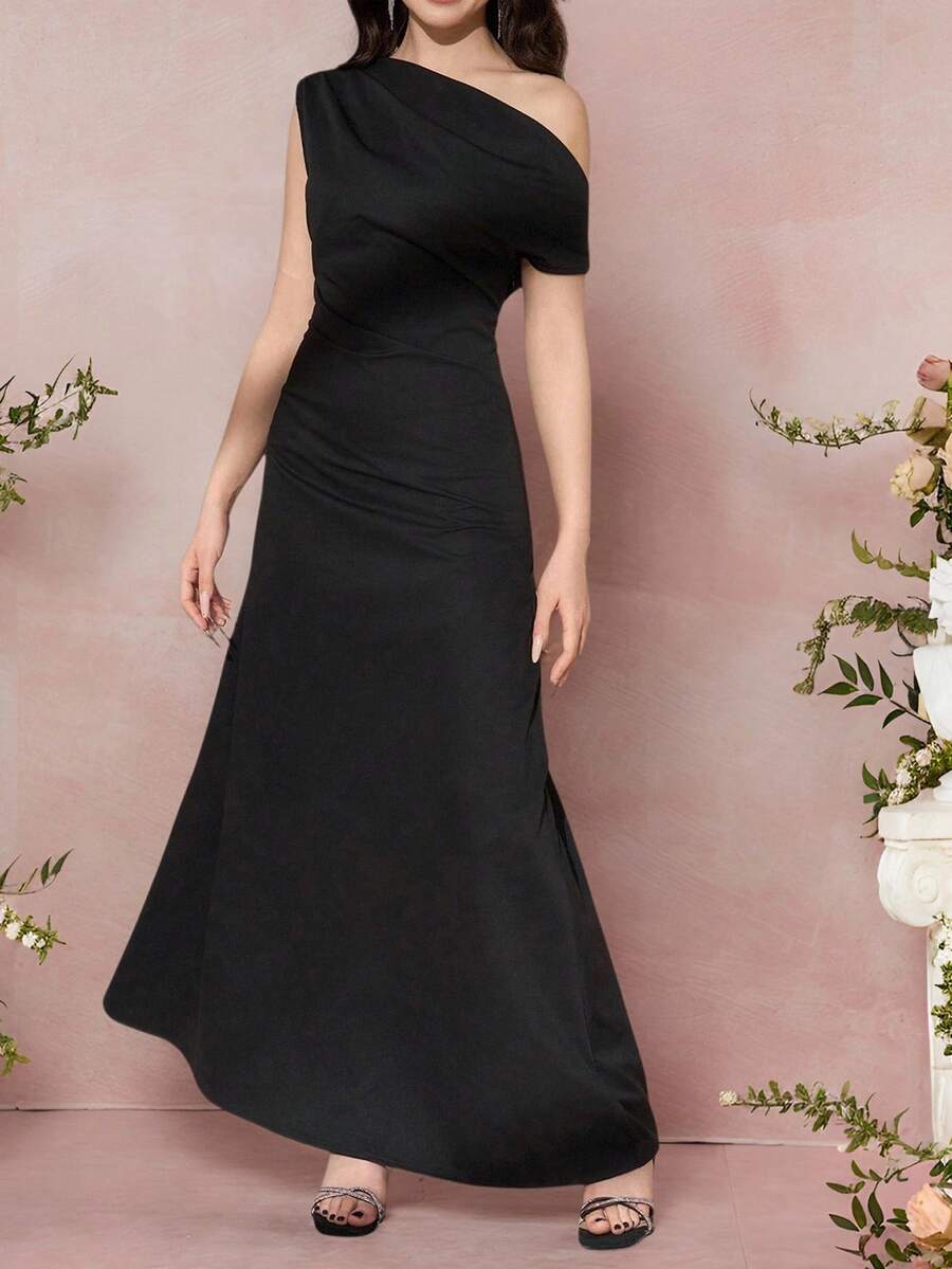 Pitira Pitira 少女黑色优雅不对称肩部褶饰腰部修身 A 字裙,适合节日、派对、农历新年、聚会、返校季 - 黑色 - 查看 1