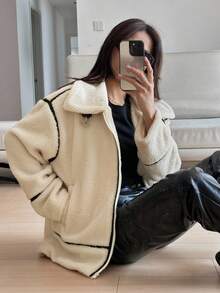 Livesso Autumn/Winter New Loose Casual Faux Shearling Motorcycle Jacket For Women Coats - Beige - View 2
