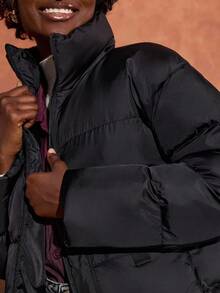 SHEIN Cottnline Quilted Puffer Jacket With Front Zipper, High Collar, Two Large Front Pockets, And Orange Zipper Pulls, Warm And Functional Winter Outerwear, Waterproof Fabric Winter Jacket Oversized Jacket Black Puffer Jacket Padded Coat - Black - View 3