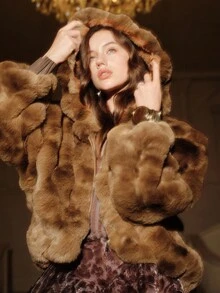 SHEIN Unity 女士时尚人造毛皮连帽拉链夹克 - 棕色 - 查看 7