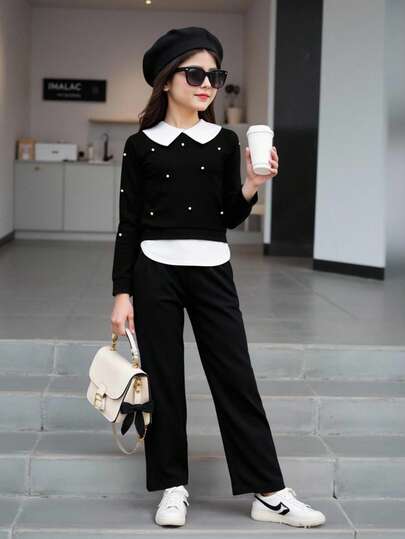 SHEIN Tween Girl Pearls Beaded Contrast Collar 2 In 1 Sweatshirt