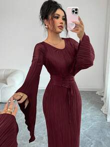 Elenzga 女士纯色圆领喇叭袖腰带设计优雅连衣裙 - 酒紅色 - 查看 7