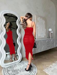 Vestido lencero bajo con abertura fruncido de malla - Rojo - Ver 2