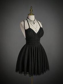 SHEIN ICON Vestido corto de mujer de unicolor con espalda descubierta, drapeado y volantes, con tirantes ajustables - Negro - Ver 7
