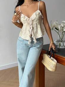 Serisse 女士亮片装饰交叉吊带背心，亮片上衣，金色上衣，露背吊带设计，女装，派对上衣，婚礼派对上衣，外出上衣，优雅女士上衣，时尚女士上衣，优雅时尚上衣，荷叶边设计夏季休闲款 - 杏色 - 查看 7