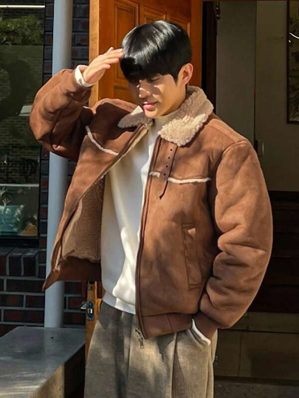 DAZY Men's Jacket With Contrast Color Collar, Suede Lining And Sherpa Fleece, Suitable For Autumn
