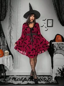 Whyspr Đầm cỡ lớn phong cách Grunge Punk, tay áo loe, chất liệu lưới xuyên thấu, phối màu tương phản, cổ chữ V, eo ngắn. - Nhiều màu - Xem 6