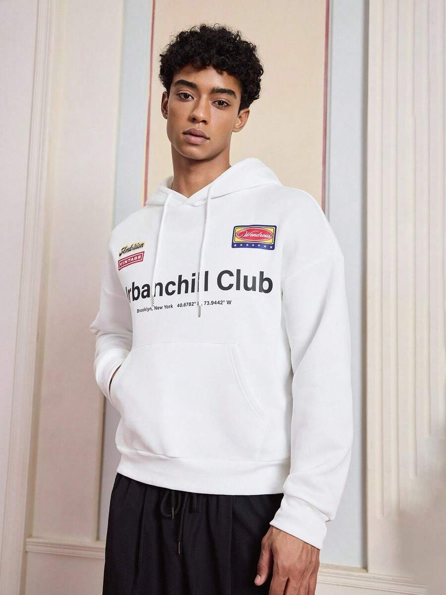 Manfinity VCAY 男式图案上衣宽松连帽套头运动衫,带口袋,秋季,冬季 - 白色 - 查看 1