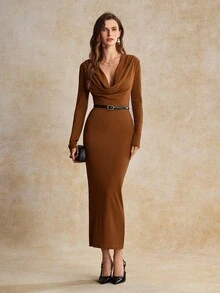House of One Low V Drape Neck Long Sleeve Rid Knit Long Dress Women Autumn Casual Elegant Wear - Brown - View 5