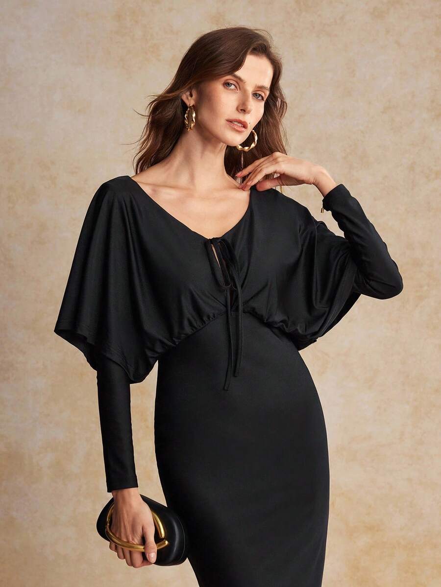 House of One Vestido largo de satén negro sólido con mangas de murciélago, corte frontal y lazo para mujer, elegante para fiestas en otoño