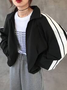 FRIFUL Women's Stand Collar Loose Side Ribbon Decor Loose Hem Cropped Casual Street Goth Jacket