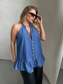 SHEIN Privé 大码女式夏季无扣V领无袖牛仔衬衫 - 中等水洗藍 - 查看 4