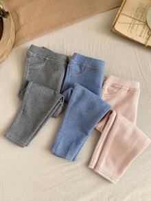 SHEIN LMoss Kids LMoss 少女纯色针织打底裤和紧身休闲套装 3 件套，适合少女 - 黑色 - 查看 2
