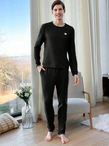 EURMUSE Cotton Men'S Ribbed Knit Homewear Set - Black - View 3