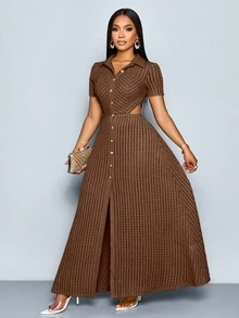 SOLERSUN Women's Elegant V-Neck Textured Fabric Open Front Buttoned Short Sleeved Maxi Dress - Coffee Brown - View 3
