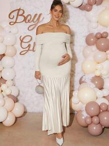 Loomaby Vestido elegante de maternidad de unicolor, con volantes, hombros descubiertos, manga larga y bajo de cola de pez ajustado - Albaricoque - Ver 4