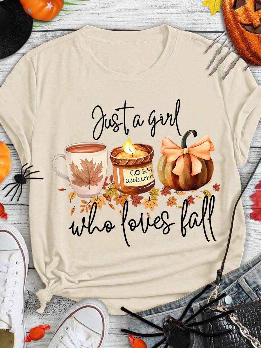 EMERY ROSE Plus Size Fall Pumpkin Spice Autumn Printed Casual T-Shirt Top Halloween - Beige - View 1