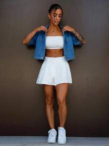 SAYEHFBABY 休闲度假短袖短款牛仔夹克 - 中等水洗藍 - 查看 4