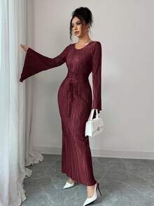 Elenzga 女士纯色圆领喇叭袖腰带设计优雅连衣裙 - 酒紅色 - 查看 4