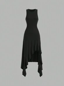 SHEIN PETITE Women's Casual Date Night Black Knitted Sleeveless Long Dress With Asymmetrical Ruffle Hem And Round Neck, Going Out - Black - View 12