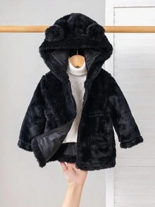 Emery Rose Kids Emery Rose Kids Babygirl Casual Fluffy Black Hooded Jacket, Versatile For Autumn/Winter Fall - Black - View 7